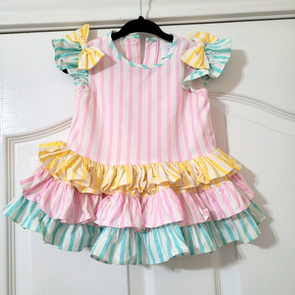 $ Vintage Pastel Colored‎ Stripe Dress With Ruffles